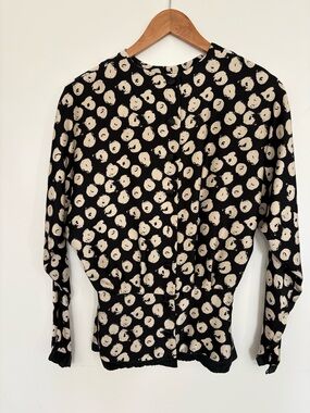 Black & Cream Polka Dot Button-Front Silk Blouse